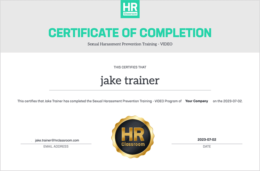 HR Classroom Certificate of Completion